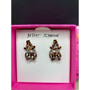 NWT Betsey Johnson Leopard "Mini Critters" Drop Dangle Cat Earrings in Gift Box